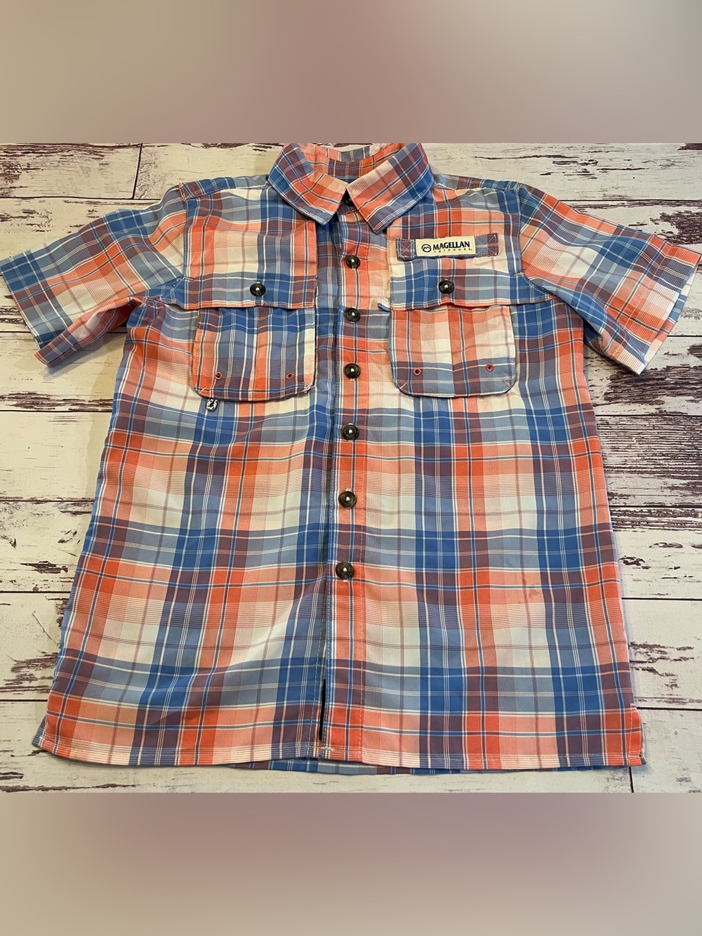 Magellan Fish Gear Vented Plaid Shirt Boy’s XS 6/7 Button Down Blue Pink White